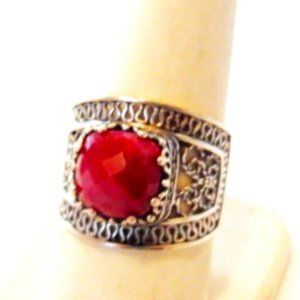 Ottoman Silver Raspberry Corundum Bold Filigree Ring Size 9